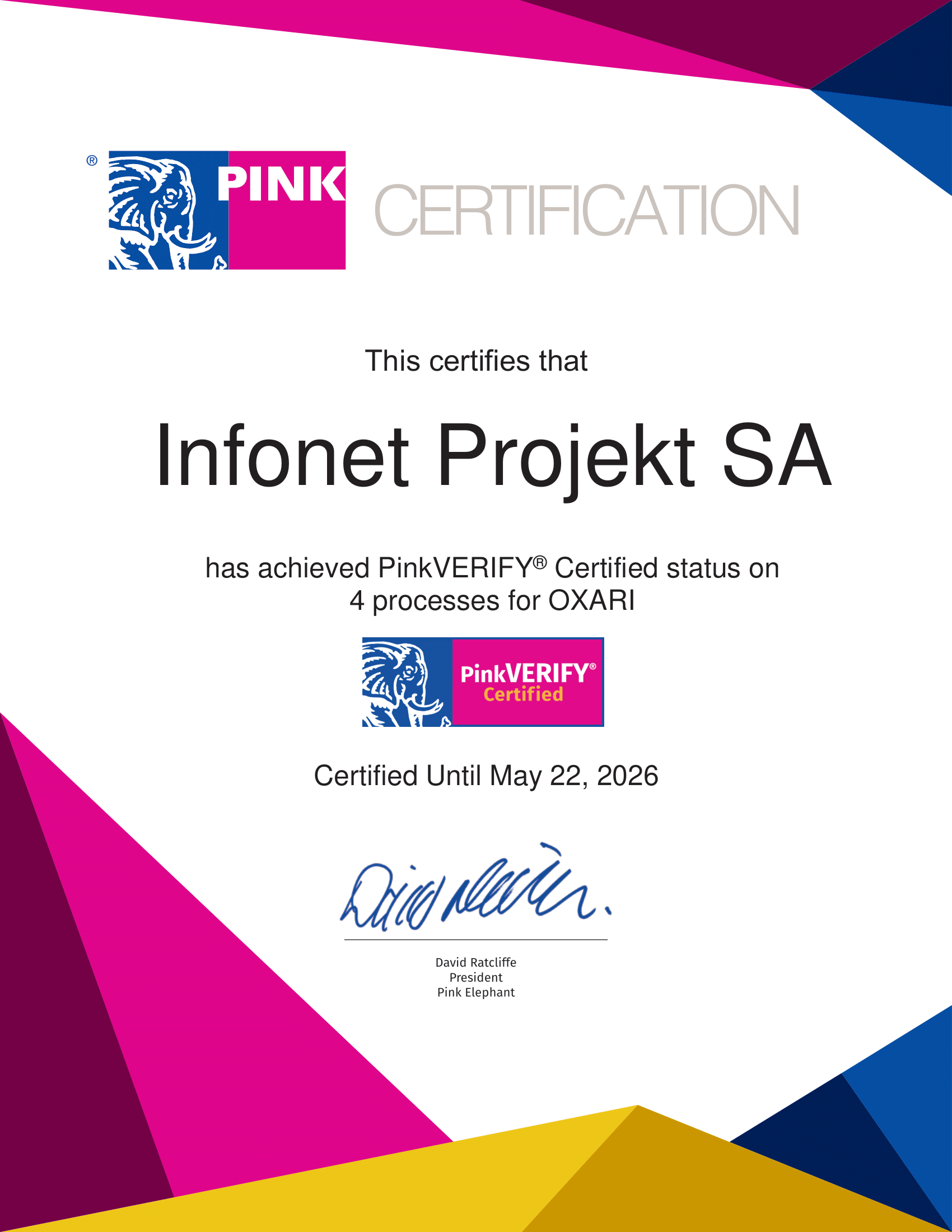 Infonet Projekt OXARI certyfikat Pink Elephant